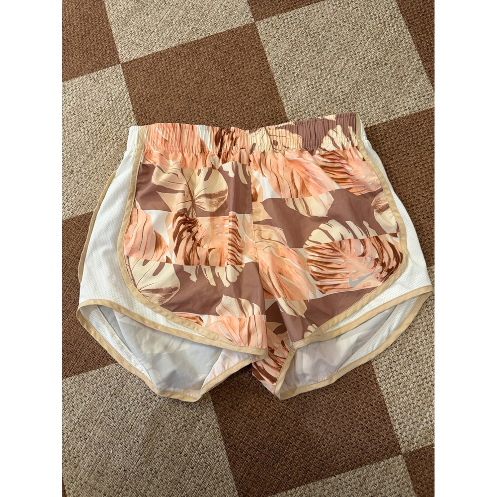 Nike Dri-FIT Womens Running Shorts Tropical Monstera Leaf Print Brown Tan Small